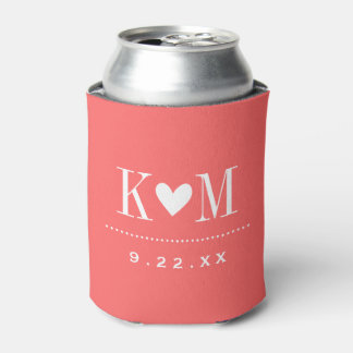Coral Modern Wedding Monogram Can Cooler