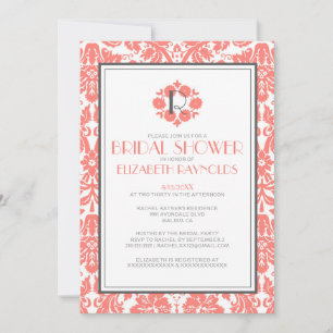 Coral Monogram Damask Bridal Shower Invitations