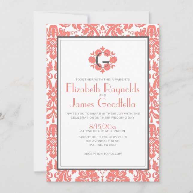 Coral Monogram Damask Wedding Invitations (Front)