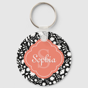 Coral Monogram Quatrefoil Black Floral Pattern Key Ring