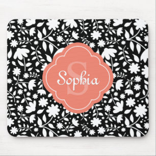 Coral Monogram Quatrefoil Black Floral Pattern Mouse Pad