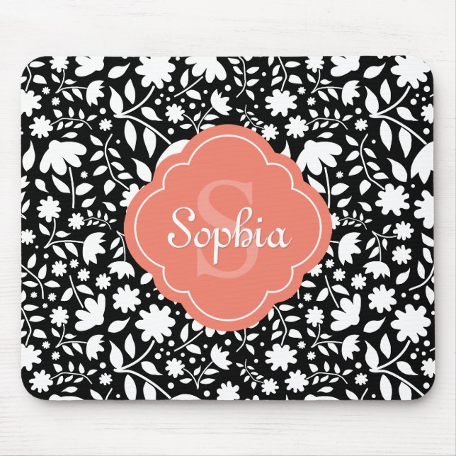 Coral Monogram Quatrefoil Black Floral Pattern Mouse Pad (Front)
