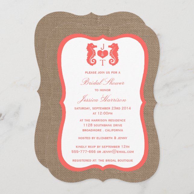 Coral Monogram Seahorse Beach Burlap Bridal Shower Invitation (Front/Back)