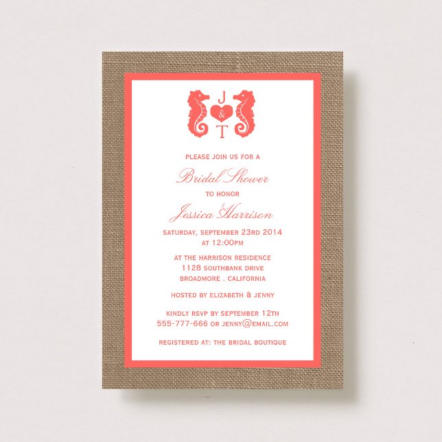 Coral Monogram Seahorse Beach Burlap Bridal Shower Invitation (Creator Uploaded)