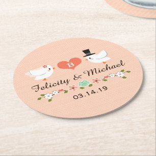 Coral Monogrammed Love Bird Dove Wedding Round Paper Coaster