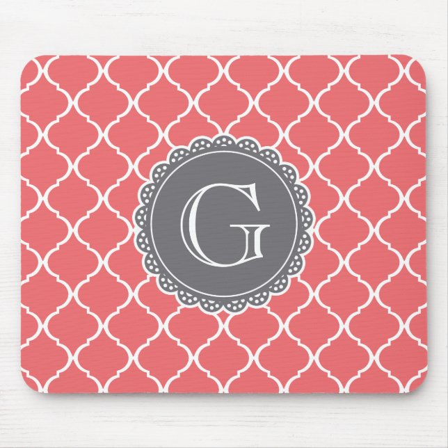Coral Moroccan Lattice Pattern Grey Monogram Mouse Pad (Front)