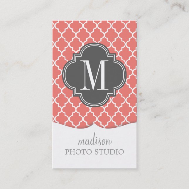 Coral Moroccan Tiles Lattice Personalised Business Card (Front)