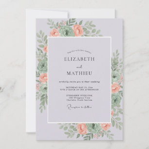 Coral Muted Lilac Peony Wedding Invitation