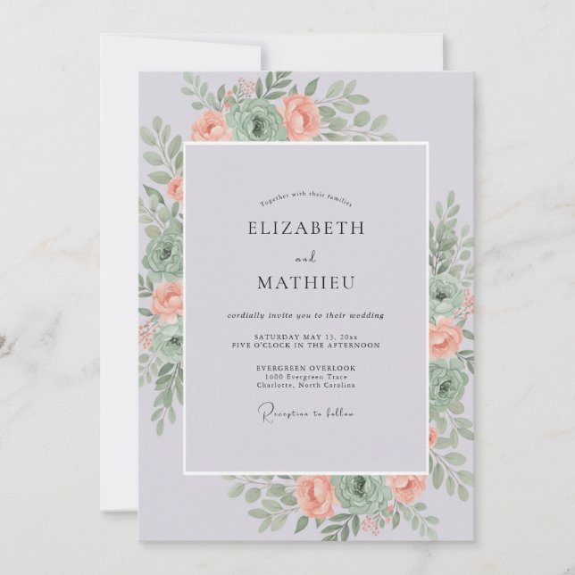 Coral Muted Lilac Peony Wedding Invitation (Front)