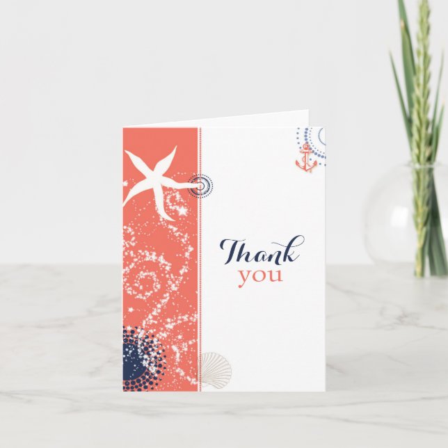 Coral n Navy Blue Nautical Wedding Thank You Card (Front)