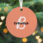 Coral Name | Initial Modern Trendy Stylish Orange Metal Tree Decoration<br><div class="desc">Trendy, stylish custom name and initial monogram style christmas tree ornament in modern minimalist script typography in off black and white on a simple fun coral orange background. The name and initial can easily be personalised with your own name or the name of a loved one for a perfect gift...</div>