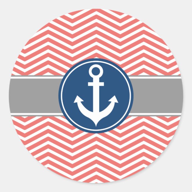Coral Nautical Anchor Chevron Classic Round Sticker (Front)