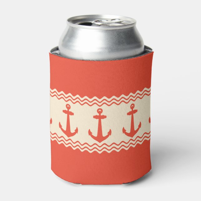 Coral Nautical Anchor Coastal Stripes Can Cooler (Can Front)