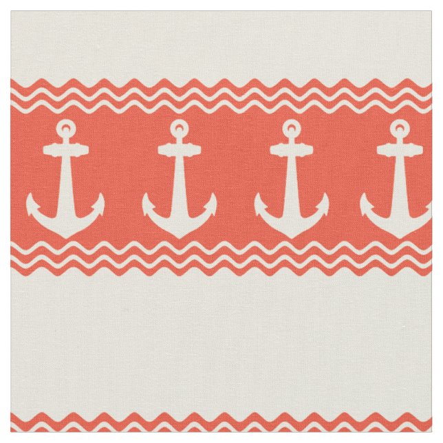 Coral Nautical Anchor Coastal Stripes Fabric (Close Up)
