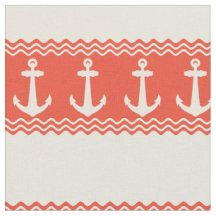 Coral Nautical Anchor Coastal Stripes Fabric