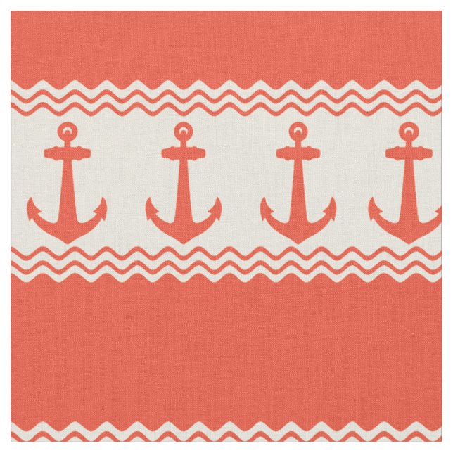 Coral Nautical Anchor Coastal Stripes Fabric (Close Up)
