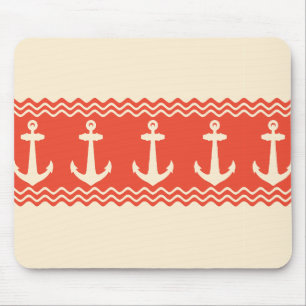 Coral Nautical Anchor Coastal Stripes Mouse Pad