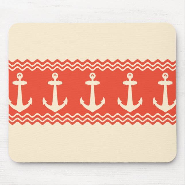 Coral Nautical Anchor Coastal Stripes Mouse Pad (Front)