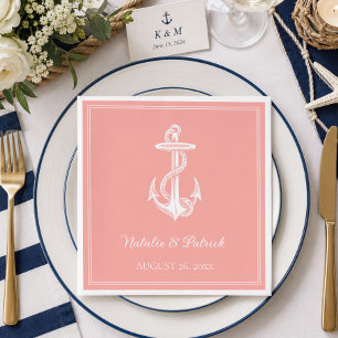 Coral Nautical Anchor Wedding Paper Napkins