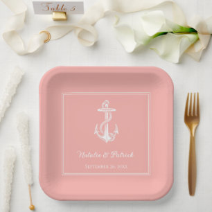Coral Nautical Anchor Wedding Paper Plates