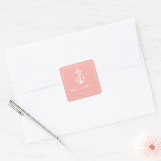 Coral Nautical Anchor Wedding Stickers (Envelope)