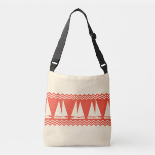 Coral Nautical Sailboat Coastal Stripes Crossbody Bag