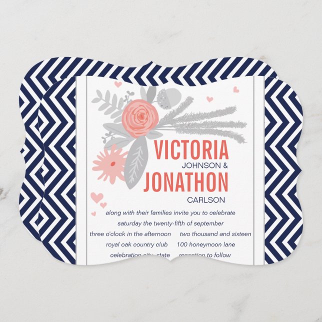 Coral Navy and Grey Zig Zag Romantic Wedding Invitation (Front/Back)