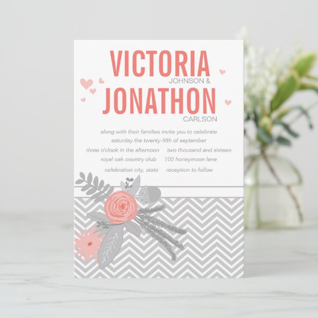 Coral Navy and Grey Zig Zag Typography Wedding Invitation (Standing Front)