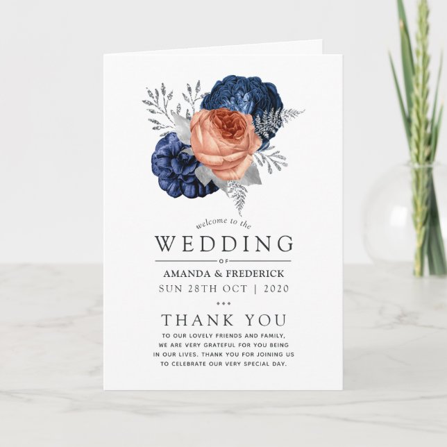Coral, Navy and Silver Floral Wedding Programme (Front)