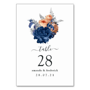 Coral, Navy and Silver Floral Wedding Table Number