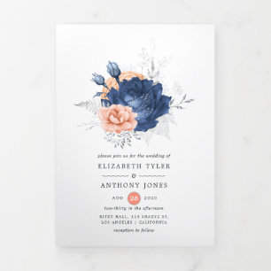 Coral, Navy and Silver Floral Wedding Tri-Fold Invitation