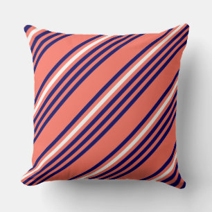 Coral, navy blue and white five stripes pattern cushion