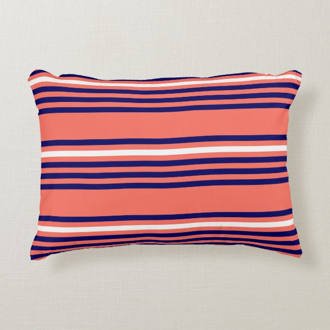 Coral, navy blue and white five stripes pattern decorative cushion (Front)