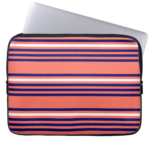 Coral, navy blue and white five stripes pattern laptop sleeve