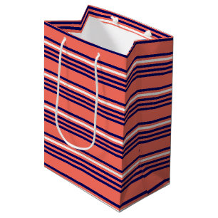 Coral, navy blue and white five stripes pattern medium gift bag