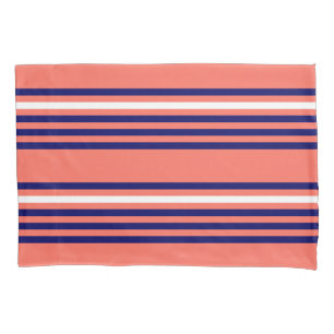 Coral, navy blue and white five stripes pattern pillowcase