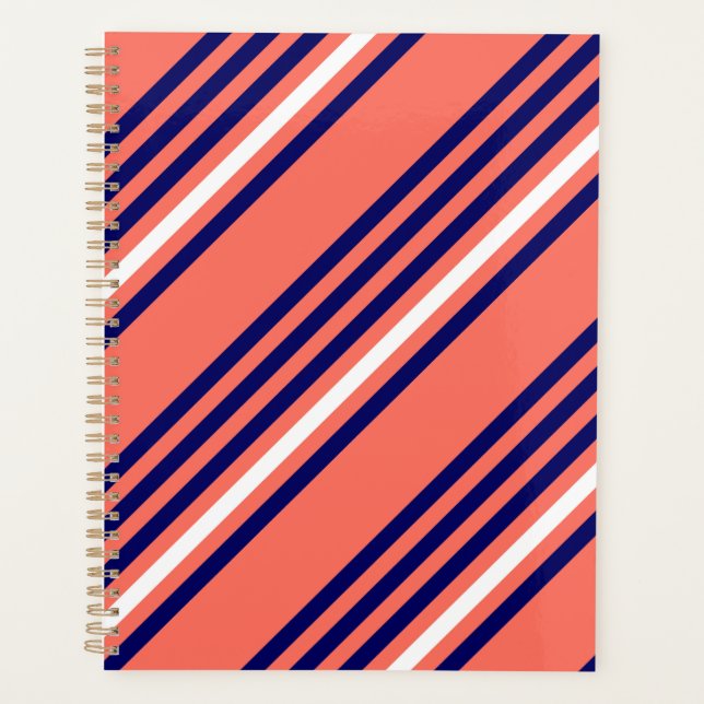 Coral, navy blue and white five stripes pattern planner (Front)