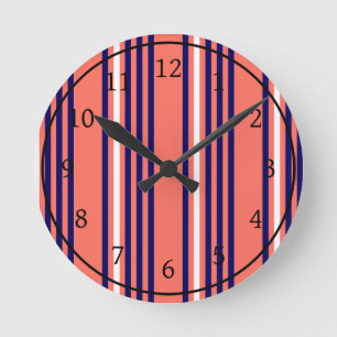 Coral, navy blue and white five stripes pattern round clock