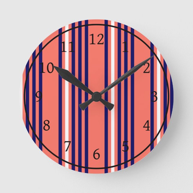 Coral, navy blue and white five stripes pattern round clock (Front)