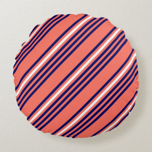 Coral, navy blue and white five stripes pattern round cushion