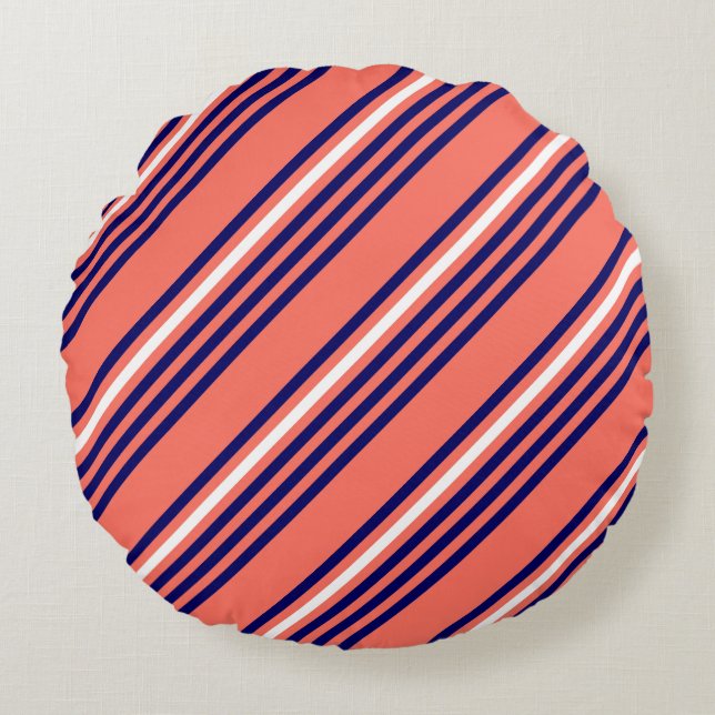 Coral, navy blue and white five stripes pattern round cushion (Front)