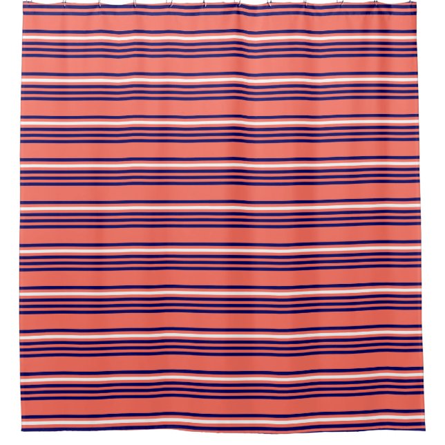 Coral, navy blue and white five stripes pattern shower curtain (Front)
