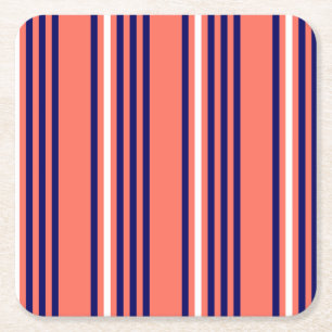 Coral, navy blue and white five stripes pattern square paper coaster