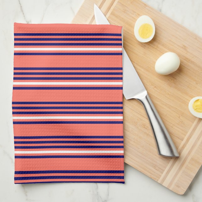 Coral, navy blue and white five stripes pattern tea towel (Quarter Fold)