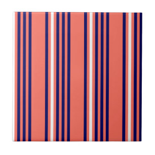 Coral, navy blue and white five stripes pattern tile