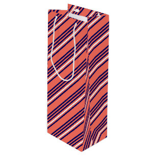 Coral, navy blue and white five stripes pattern wine gift bag