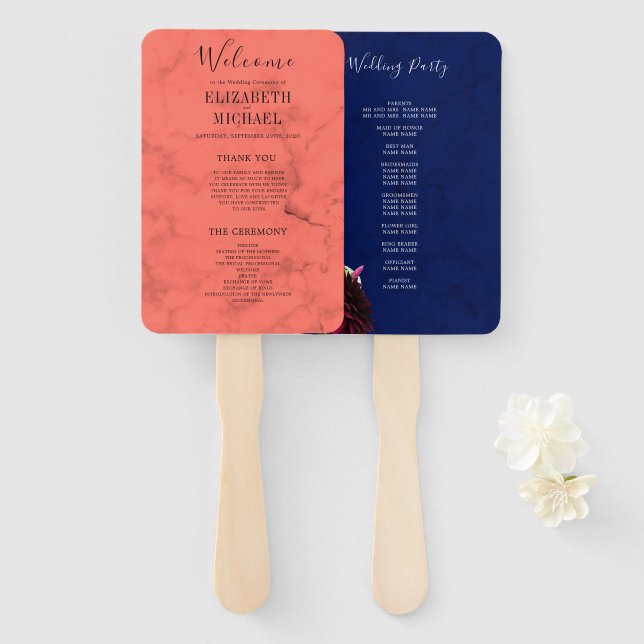 Coral Navy Blue  Elegant Modern Wedding Program Hand Fan (Front and Back)
