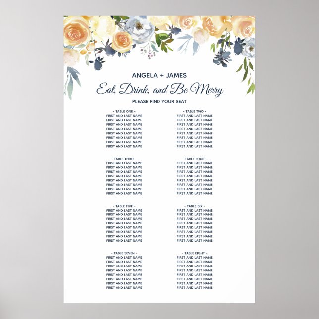 Coral Navy Blue Floral Wedding Seating Chart (Front)