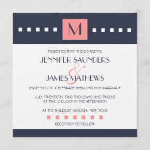 Coral Navy Blue Monogram Wedding Invitations