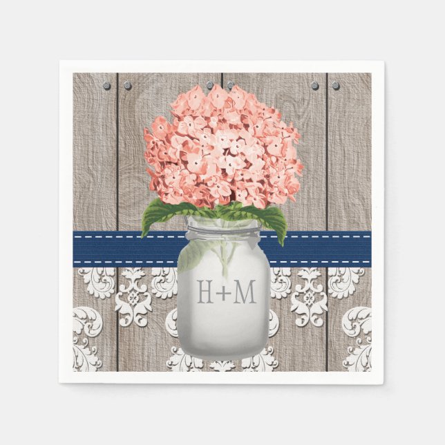 Coral Navy Blue Monogrammed Hydrangea Mason Jar Napkin (Front)